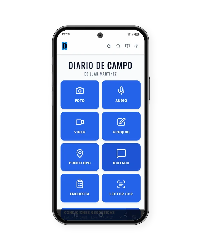 Pantalla principal de la App Diario de Campo: foto, audio, video, croquis, punto GPS, dictado, encuesta y lector OCR